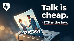 Bold messaging shows “Talk is cheap” and “TCF is the law” with “synergy” on a screen, tying fairness and TCF to customer protection.