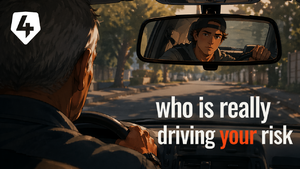 Clear view inside a car with golden-hour lighting, showing the message “who is really driving your risk” and reinforcing Material Facts and Duty of Disclosure.